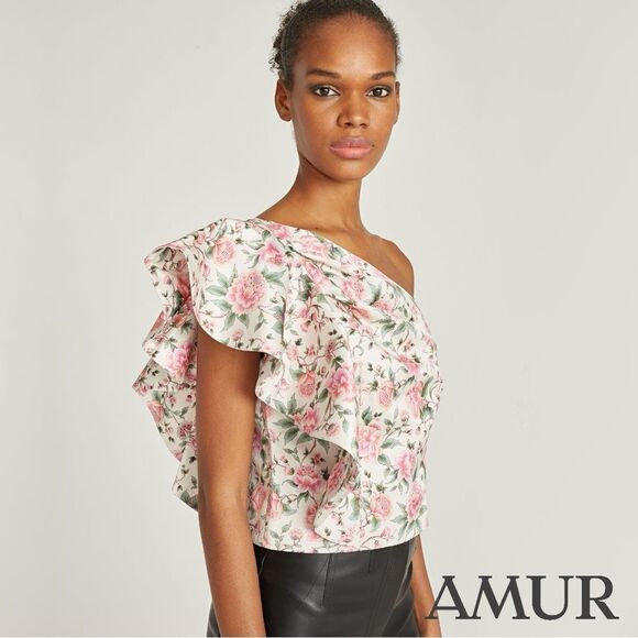 AMUR **NWT** Jasmine One-Shoulder Ruffle Top in Eggshell Pink Floral - Picture 2 of 14